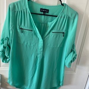 women’s button up V-neck, lightweight loose, turquoise, adjustable sleeves